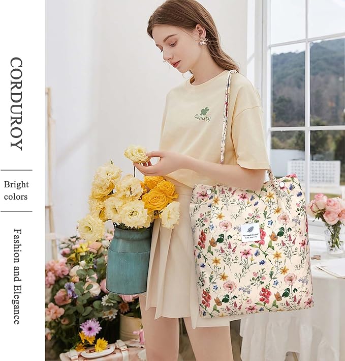 LHMTQVK Corduroy Tote Bags for Women, Large Capacity Tote Purse Reusable Grocery Shoulder Bag with Inner Pockets - Image 6