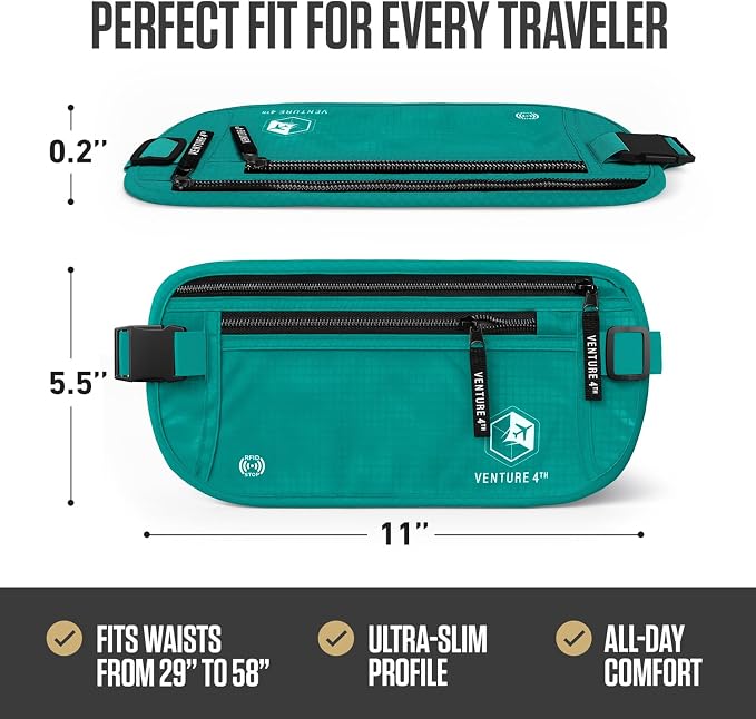 VENTURE 4TH Travel Money Belt, RFID Blocking Passport Holder - Turquoise - Image 3