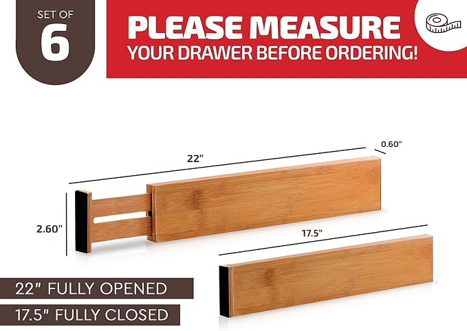 6-Pack Drawer Dividers 2.6-Inch High Dresser Drawer Organizer 16 to 22 Inch | Bamboo, Spring Loaded, No Tools Needed, Fits Wide Drawers for Socks, Clothes, Utensils, Bedroom, Bathroom, Kitchen, Office - Image 3