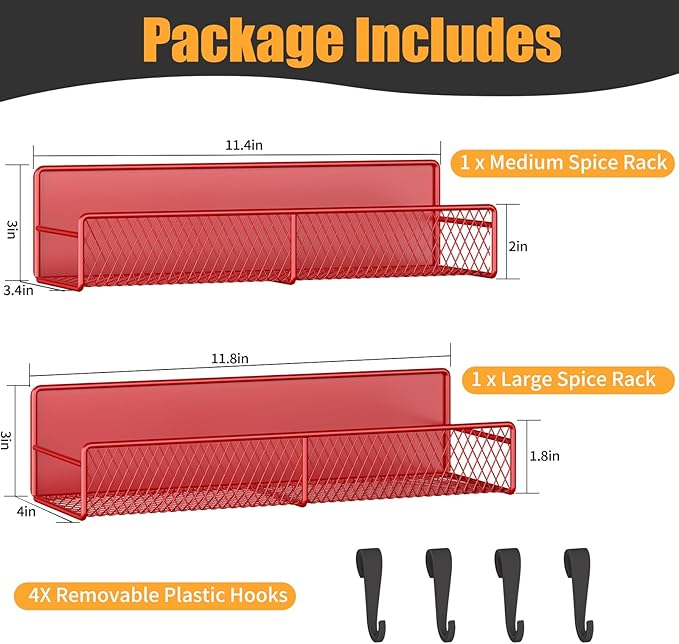 Magnetic Spice Rack for Refrigerator, 2 Pack 100% Metal Strong Magnet Shelf, Space Saving Spice Organizer W/ Hooks, Movable Magnetic Fridge Shelf, Kitchen Home Laundry Room Storage Organization, Red - Image 2