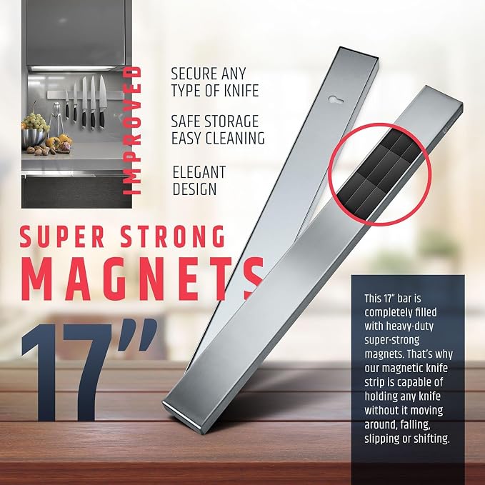 Premium 17 Inch Stainless Steel Magnetic Knife Holder For Wall | Professional Magnetic Knife Strip - Space-Saving Knife Rack / Knife Bar With Powerful Magnetic Pull Force (Upgraded Version) - Image 4