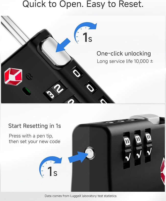 LUGGEX TSA Locks for Luggage, Luggage Locks TSA Approved (Black,4) | One-Button Reset & Cut-Resistant Combination Lock in Gift-box, Gym Lock & Suitcase Lock for Travel,Bag,Case - Image 4