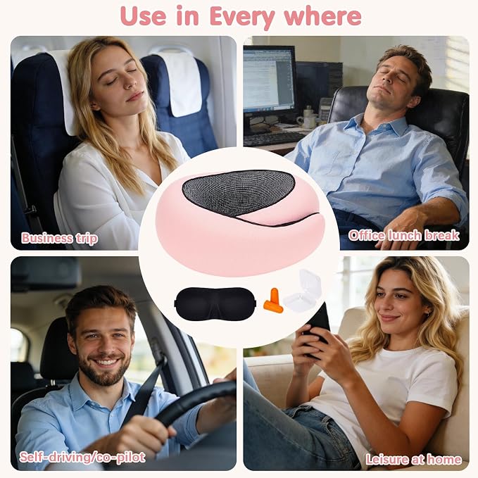 Memory Foam Neck Pillow,2026 World Cup Travel Pillow,Neck Pillow Airplane with Eye Mask & Ear Plugs,Memory Foam 360 Degree Support Stowable Pillows for Airplanes Offices and Cars (Pink) - Image 8