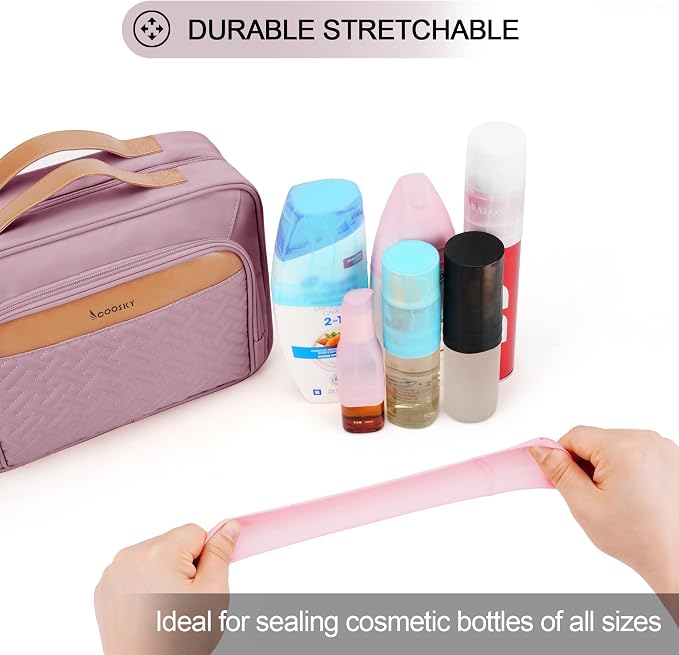 Travel Hanging Toiletry Bag for Women and Men, with 8 Leak Proofing Silicone Bottle Covers, Waterproof Makeup Accessories, Cosmetic Essentials, Toiletries Dopp Kit Set with Jewelry Organizer, Purple - Image 2