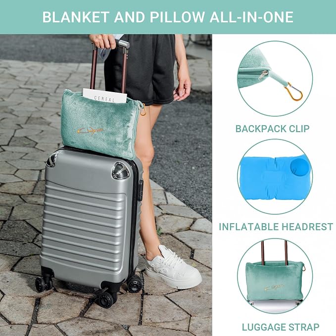 Travel Blanket & Pillow Set, 300 GSM Soft Fleece, 60x43 Inches, 3-in-1 Airplane Blanket, Travel Pillow and Blanket Set, Travel Blanket Airplane Compact with Bag, Travel Essentials,Mint Green - Image 2