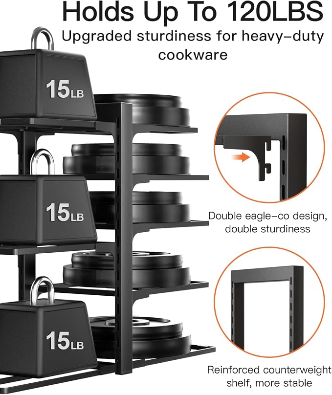 Pots and Pans Organizer Under Cabinet 15.8", 8-Tier Adjustable Black | 2 DIY Modes, Tool-Free Assembly, Max 120 Lbs, Fits Cast Iron Pans, Dutch Ovens & Heavy Cookware, For Kitchen Cabinets - Image 5
