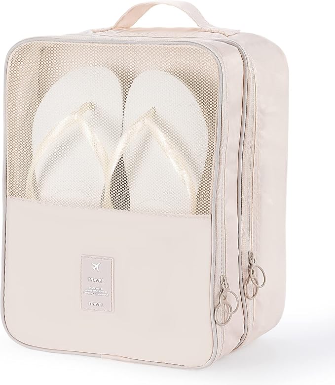 Shoe Bag for Travel, Travel Shoe Bag for Packing, Hold 3 Pairs of Shoes, Travel Essentials for Flying Shoe Organizer Shoe Storage Bag for Travel Light Beige by ENETECk