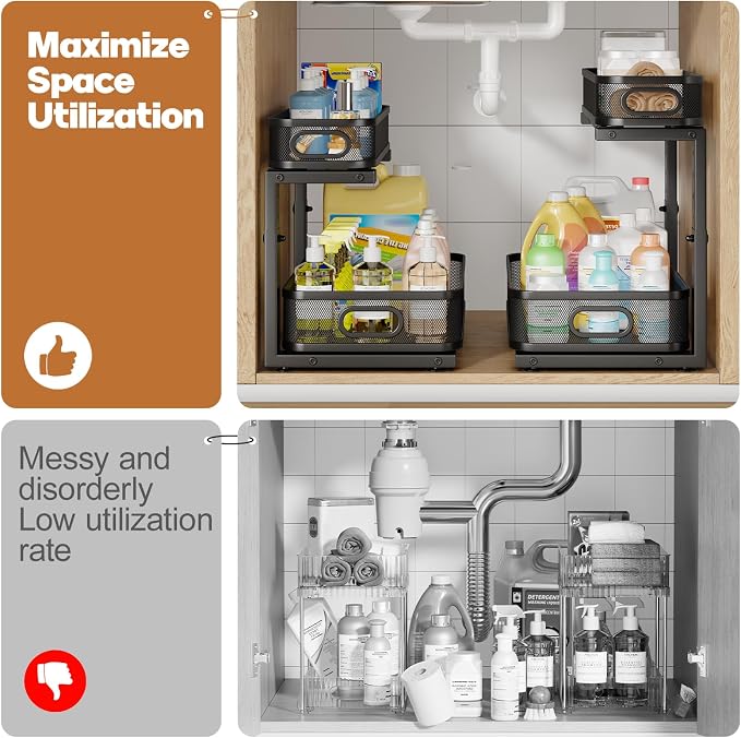 2 Pack 17.3IN-Depth Under Sink Organizer with Smooth Cylindrical Rail,2-Tier Pull Out Multi-Purpose Cabinet Storage for Bathroom&Kitchen,Height Adjustable,Rust-Resistant Coating-Black - Image 5