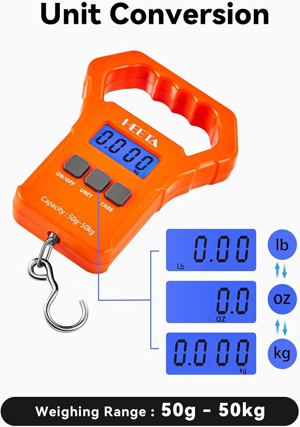 HEETA Fish Scale 110lb/50kg Digital Hanging Fishing Luggage Weight Scale | Portable with Backlit LCD Display, Hook & Non-Slip Large ABS Handle, Fishing Gifts Gear for Men, 2 AAA Batteries Included - Image 3