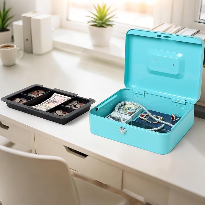 Jssmst Cash Box with Money Tray and Lock - Light Blue Money Saving Box for Cash Coins, Small Lock Box for Medication Personal Items, 9.84'' x 7.87'' x 3.46'', Light Blue - Image 6