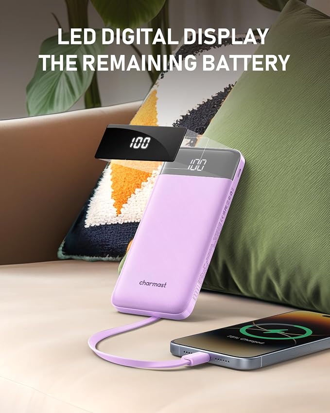 charmast Portable Charger Built-in Cables, 10000mAh Slim Power Bank Pocket | 22.5W Fast Charging Battery Pack for iPhone 17/16/15 Samsung Android, Flight-Approved, Multi-Device, USB-C, Daily Commute - Image 8