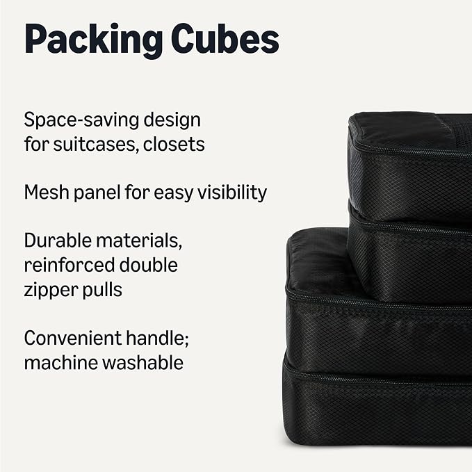 Amazon Essentials 4-Piece Packing Cubes Travel Accessories Set, Luggage Organizer with Double Zipper, Mesh Top, Space-Saving Design, Webbing Handle, 2 Medium/2 Large, Black (Previously Amazon Basics) - Image 2