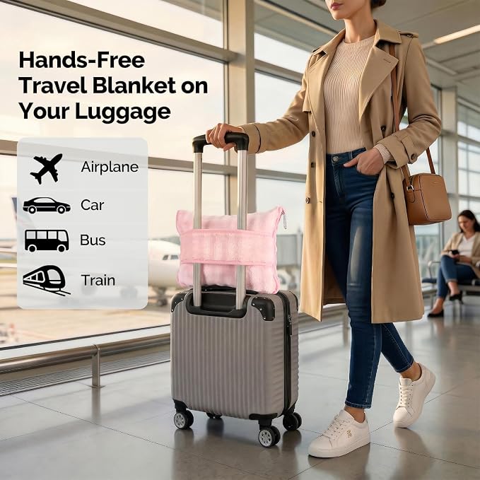 Pink Travel Blanket for Airplane, Portable Soft Flannel with Pouch & Clip | Skin-Friendly Flannel, Lightweight Portable Design with Clip, Hands-Free Carry, Essential Travel Gear for Frequent Flyers - Image 5
