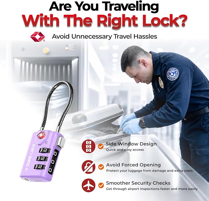 SURE LOCK TSA Approved Luggage Locks with Open Alert Indicator, 3 Digit Combination Cable Travel Lock for Suitcase, Backpack, Gym Locker, Toolbox & Travel Bag(2, Purple 2 Pack) - Image 4