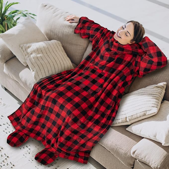 PAVILIA Fleece Blanket with Sleeves, Foot Pockets for Women Men Adults, Plush Wearable Blanket Throw Wrap, Warm Snuggle Blanket Robe, Cozy Gift Ideas Wife Mom, Checkered Red - Image 3