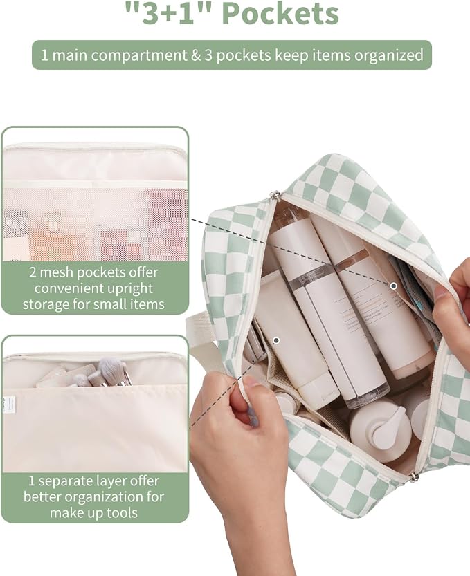 Narwey Large Capacity Travel Toiletry Bag Women, Checkered Makeup Bag with Handle, Portable Make up Cosmetic bag Organizer, Travel Bag for Toiletries, Skincare, Medicine, Essentials (Green Checker) - Image 2