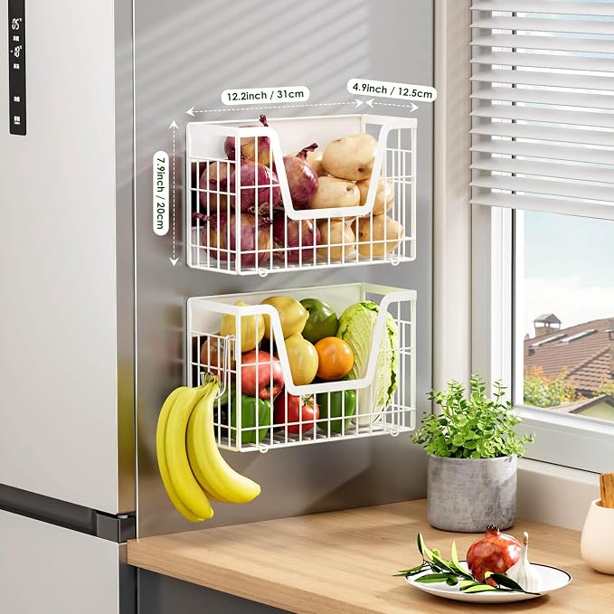 4 Pack Magnetic Shelves For Fridge, White Potato Onion Storage Bin | Magnetic Fruit Basket for Fridge Organizers and Storage, Veggie Onion Potato Wire Storage Basket for Kitchen, Pantry Laundry - Image 3