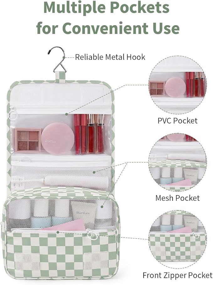 Narwey Small Hanging Travel Toiletry Bag for Traveling Women, Checkered Travel Bag for Toiletries, Makeup Bag Organizer Make Up Cosmetic Bags, Gifts for Kids Teen Girls (Mint Green Checkerboard) - Image 3