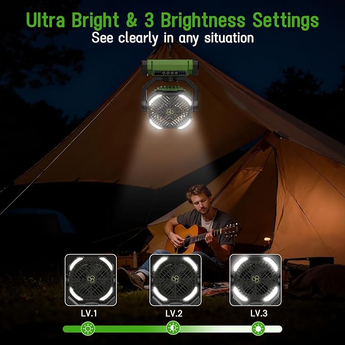 UUYEE Camping Fan Rechargeable, Large Capacity Battery Powered Fans - Green | LED Light, 4-Speed, Cordless, Hanging Hook, 270° Adjustable, Quiet, Lightweight, Battery Operated Fan for Tent Beach Outdoor - Image 4