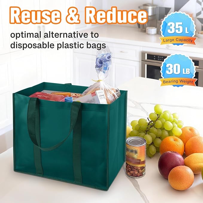 WISELIFE Reusable Grocery Bags, Foldable, Lasting Use, 35L, 3 Pack, Green | Large Shopping Bags with Reinforced Stitching, Water-Resistant Grocery Totes for Kitchen, Market, Car Trunk, Picnic - Image 4