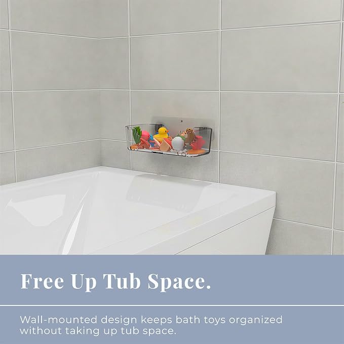 Bathtub Toy Storage, Clear Wall-Mounted Bath Toy Holder, No-Drill | 2 Adhesive Backplates Included, BPA-Free PET, Fast-Drain Design, Detachable, 13 lb Load Capacity - Image 6