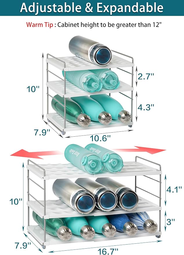 10.6-16.7" Adjustable Width Water Bottle Organizer for Cabinet, 3-Tier Expandable Water Bottle Holder Rack, Cup and Tumbler Storage for Kitchen Organization, Sports Flask, Insulated Travel Mug, Fridge - Image 2