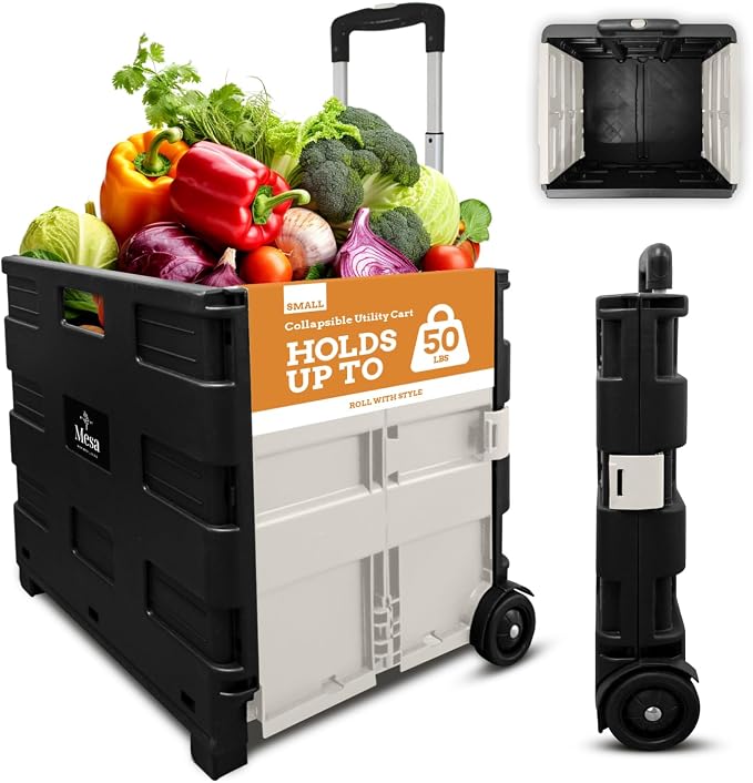 Inspired Living Ultra-Slim Rolling Collapsible Storage Pack-N-Roll Utility-carts, with Telescopic Handle, for Home, Garden, Shopping, Office, School use, Medium, White & Black by Inspired+Living