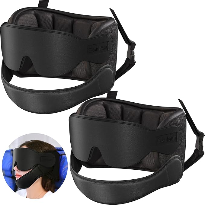 SARISUN Travel Pillow for Airplane Sleep Stable Support, with Chin Strap | Airplane Pillow with Eye Mask, Attach to Headrest, 360° Head Support for Long Flight Road Trip, Stop Bobblehead, 2pcs Black by SARISUN