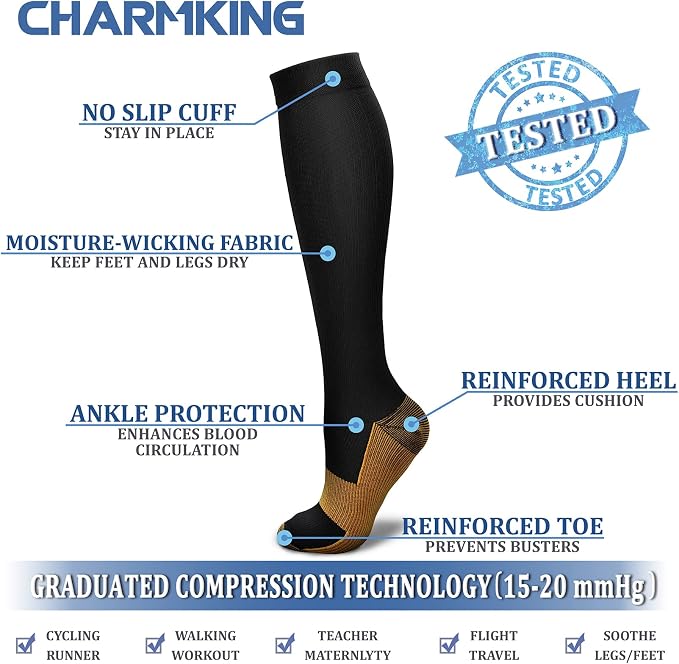 CHARMKING Compression Socks for Women & Men Circulation (8 Pairs) 15-20 mmHg Best Calf Socks Support for Athletic Cycling - Image 4