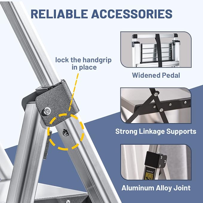 5 Step Ladder, Aluminum Folding Stool with Retractable Handgrip | 330 lbs Heavy Duty | Slim 2.5" Fold | Removable Tool Tray | Non-Slip Pedals | For Tall Cabinets, Ceiling Cleaning & Garage - Image 5
