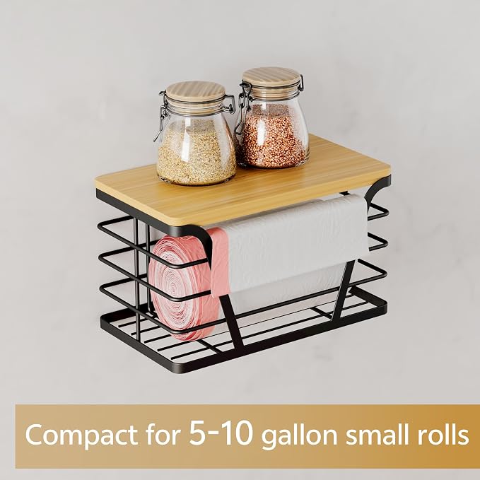 TIDIIABODE Small Grocery Bag Holder, Trash bag holder with Removable Bamboo Top, Wall Mount, No Drill, Stainless Steel, Black - Image 2