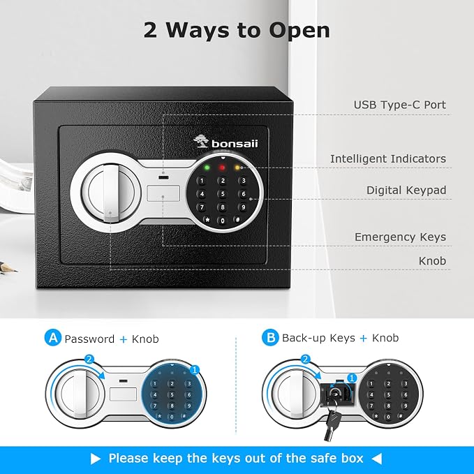 Bonsaii Safe Box with Electronic Keypad, Steel Security Lock Box with Key, 0.23 Cubic Feet, 9.06" W x 6.69" D x 6.69" H, Small Hidden Safe for Cash Jewelry | SPHC steel, 2 reinforcement bolts & hidden hinges, USB-C backup power, 9.06"x6.69"x6.69", fits... - Image 3