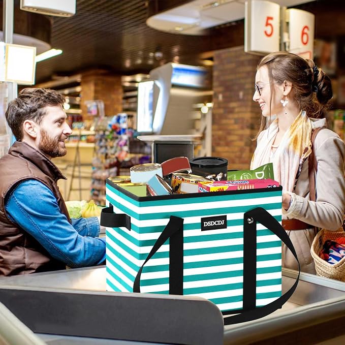Reusable Grocery Bags 3 Pack - Heavy Duty Reusable Shopping Bags with Hard Bottom & Long Handles, Foldable Utility Tote Bag with Box Shape to Stand Up, 13x10.23x11in, Stripe Green - Image 6