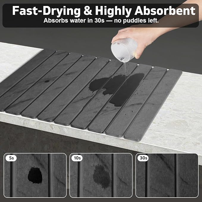 Large Stone Dish Drying Mat for Kitchen Counter, Quick Dry Dish Drying Mats, Foldable Absorbent Diatomaceous Earth Mats for Plate Rack Bottles Cups, Match Any Countertop (Gray Marble 24"×16" & 8"x4") - Image 2