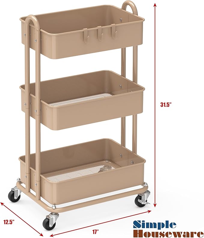 Simple Houseware 3-Tier Heavy Duty Metal Utility Rolling Cart, Khaki - Image 2