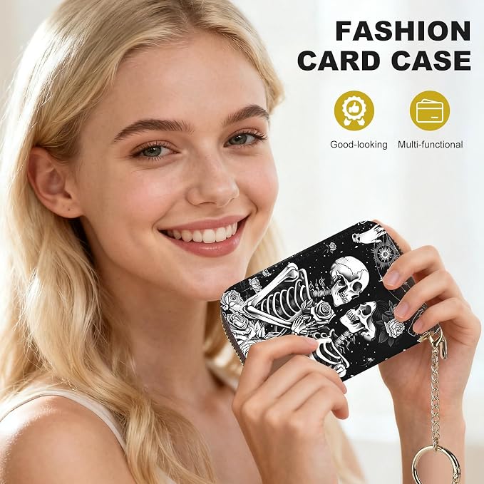 Credit Card Holder for Women,Small Rfid Wallet with Keychain Zipper,Cute PU Leather Card Case Wallet，Accordion Credit Card Wallets Gift,Skeleton Couple - Image 6