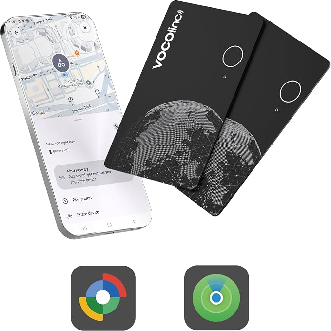 VOCOlinc Air Tag Smart Card for Android & iOS, New Dual System Rechargeable Wallet Tracker Work with Google Find Hub or Apple Find My APP, Item Finder Locator for Luggage, Suitcase. Slim 1.6mm, 2 Pack by VOCOlinc