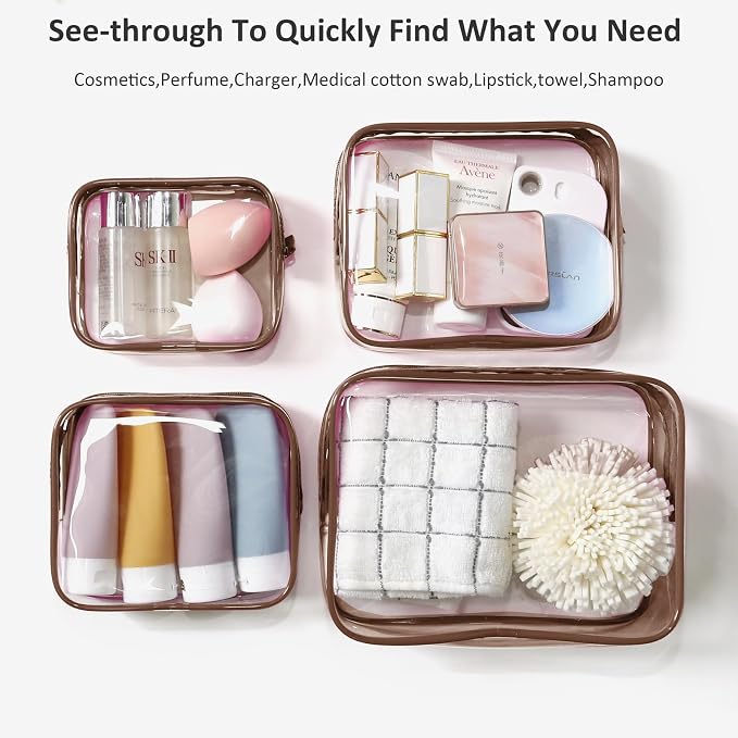TSA Approved Toiletry Bag - Clear Makeup Bag Waterproof Quart Size Bag, Travel Makeup Cosmetic Bag for Women Men, Carry on Airport Airline Compliant (Coffee, Pack of 4) - Image 4