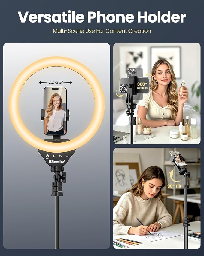 UBeesize 12" LED Ring Light with 62" Tripod Stand, Phone Holder & Remote | Dimmable Selfie Light for Video Recording, Live Streaming, TikTok, YouTube, Makeup, Compatible with iPhone & Android (Black) - Image 6
