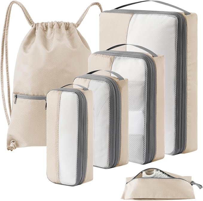 6 Set Compression Packing Cubes for Travel, Bonus Versatile Drawstring Backpack, Lightweight Luggage Organizer Bags, Sturdy Travel Accessories for Suitcase, Beige by KOOKOOMIA