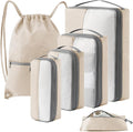 6 Set Compression Packing Cubes for Travel, Bonus Versatile Drawstring Backpack, Lightweight Luggage Organizer Bags, Sturdy Travel Accessories for Suitcase, Beige by KOOKOOMIA