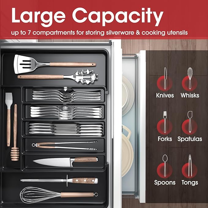 Aujen Silverware Drawer Organizer, Adjustable Utensil Cutlery Tray | Expandable Kitchen Organizer for Forks, Knives, Multipurpose Kitchen Storage , Apartment Essentials, Black, Large - Image 3