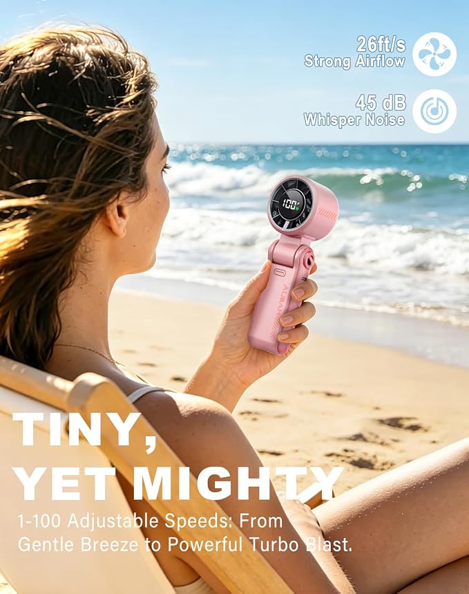 Portable Handheld Turbo Fan - 5 Speed Mini Personal Fan with Strong Airflow, Foldable 3 in 1 Rechargeable Battery Operated Trave Essentials Hand Fans for Indoor/Outdoor Use, Pink - Image 2