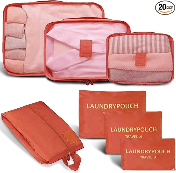7 Set Packing Cubes for Travel Luggage Packing Bags Reusable Waterproof Suitcase Organizer Bags Set with Shoe Bag and Toiletry Bag (Orange) by INVODA