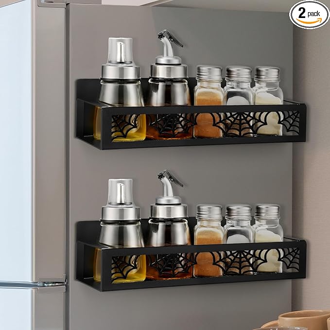 Beeveer 2 Pcs Magnetic Spice Rack for Refrigerator, Black Spider | Halloween Gothic Kitchen Decor, Spooky Home Accessories, 2 Sizes Metal Storage Shelf for Fridge Spices, No Drilling by Beeveer