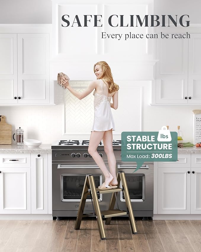 2 Step Ladder, Foldable Aluminum Step Stool with Anti-Slip Pedal | Lightweight yet Sturdy, Portable, Non Slip Feet, 300Lbs Capacity, Elegant Look, for Kitchen, Closet, Pantry, Champagne Gold - Image 5