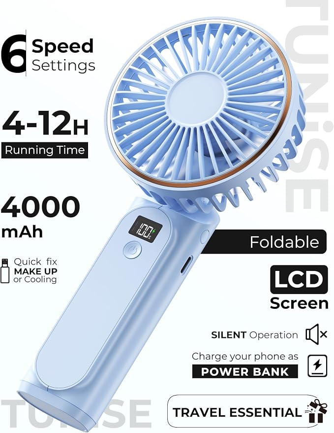 TUNISE Portable Handheld Fan, Portable Fan Rechargeable, 4000mAh, 180° Adjustable, 6 Speed Wind, Display Electricity in Real Time, USB Rechargeable Foldable Fan, Quiet Personal Fan as Power Bank - Image 2