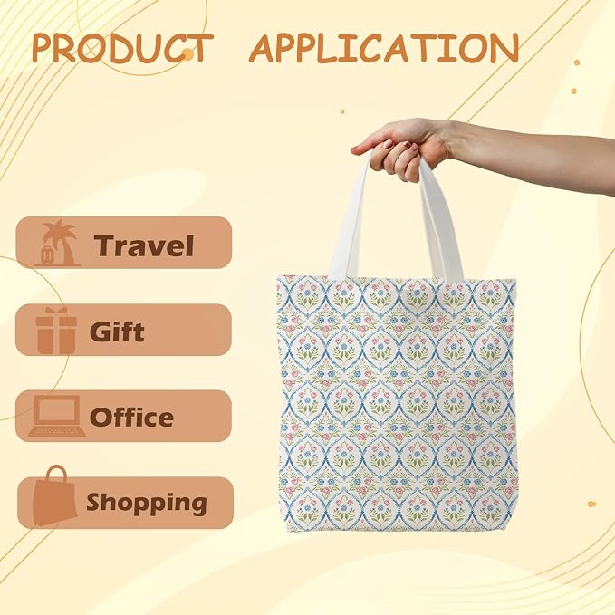 Grandmillennial Blue Floral Tote Bag for Women,Blue Floral Reusable Shopping Grocery Bags - Image 5