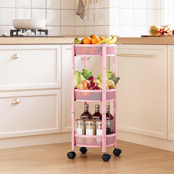 TOOLF 3 Tier Foldable Rolling Cart, Metal Utility Storage Cart, Pink | Assembly-Free, Lockable Wheels, Round Trolley Organizer for Bathroom, Kitchen, Office, Dorm, Laundry, Craft Room - Image 7
