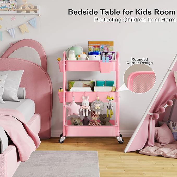 3 Tier Rolling Storage Cart Metal with Wheels, Pink Three Tiered Craft Cart | Utility Roller Shelf Carts on Wheels for Baby Nursery, Diaper Caddy, Art, Book, Nail Organizer, Makeup,Lash,Tech, Salon, Hair - Image 2